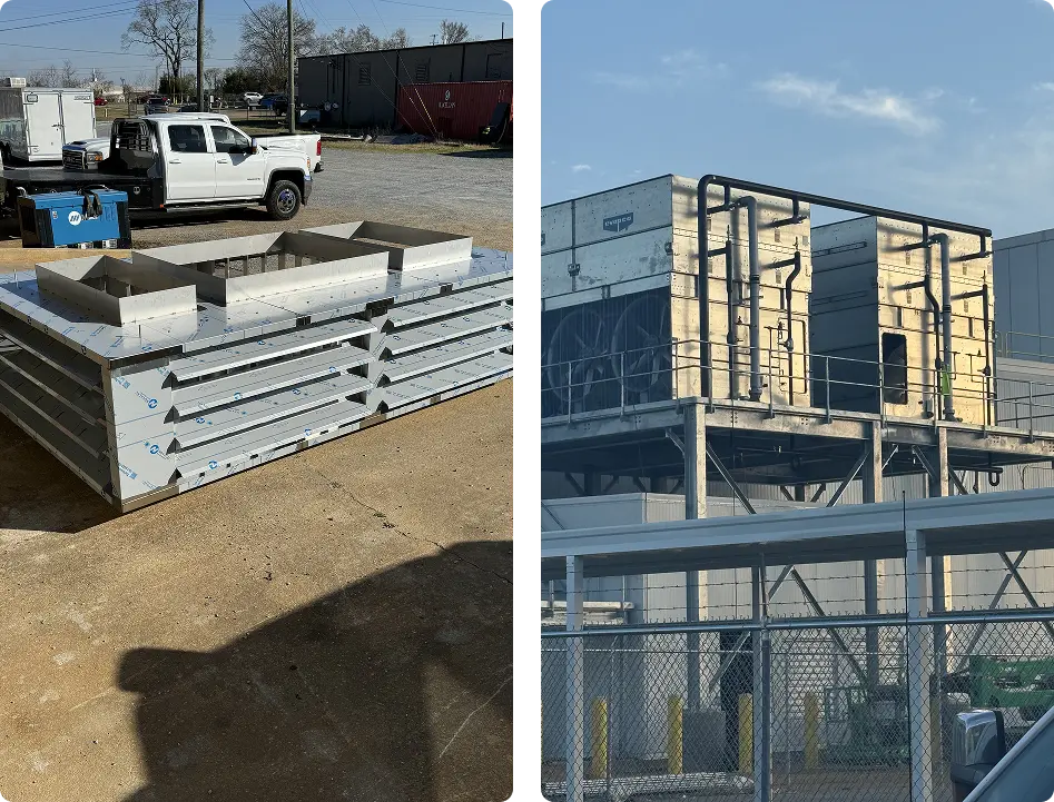 Two pictures featuring a truck and a building